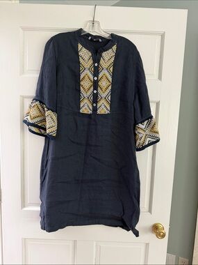 Embroidered Navy Mini Dress with Yellow Accent